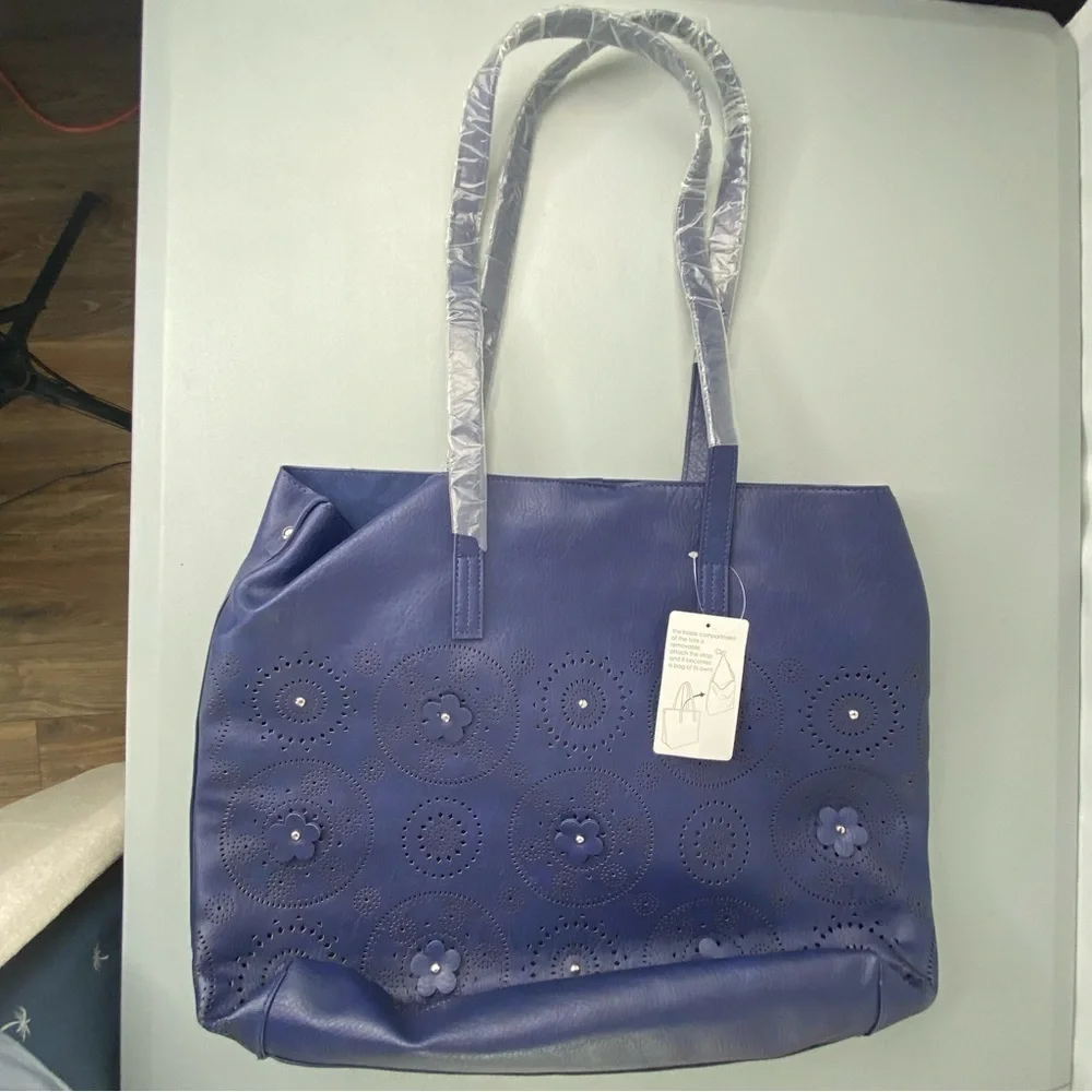 NWT Large Navy Blue Laser Cut Mandala Tote Bag with Removable Interior Crossbody